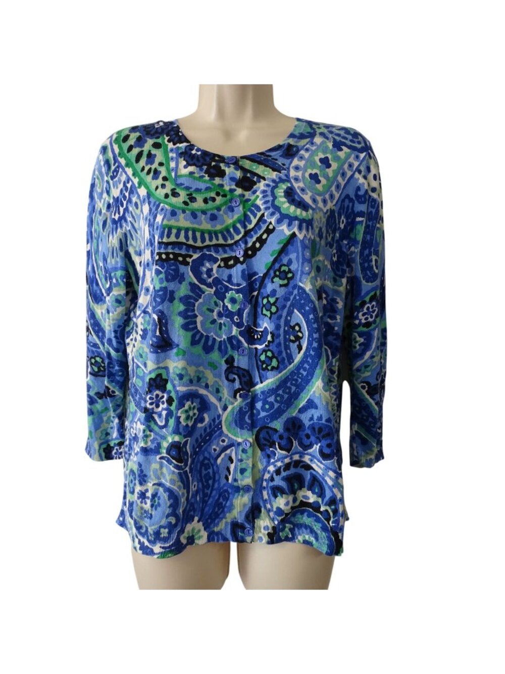Talbots Blue Paisley Button Front Cardigan Sweater Women Size L Preppy Office